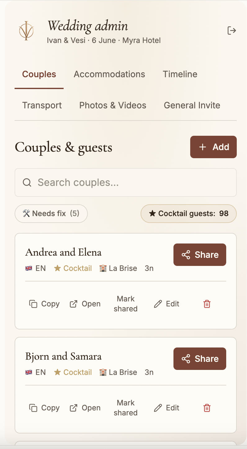 Backend preview — couples list